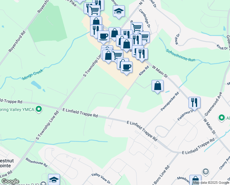 map of restaurants, bars, coffee shops, grocery stores, and more near 125 Wildflower Way in Royersford