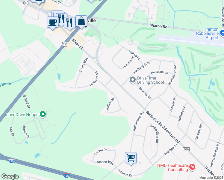 map of restaurants, bars, coffee shops, grocery stores, and more near 14 Honeysuckle Drive in Robbinsville Township