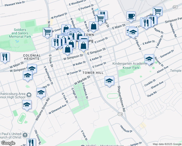 map of restaurants, bars, coffee shops, grocery stores, and more near 414 South Market Street in Mechanicsburg