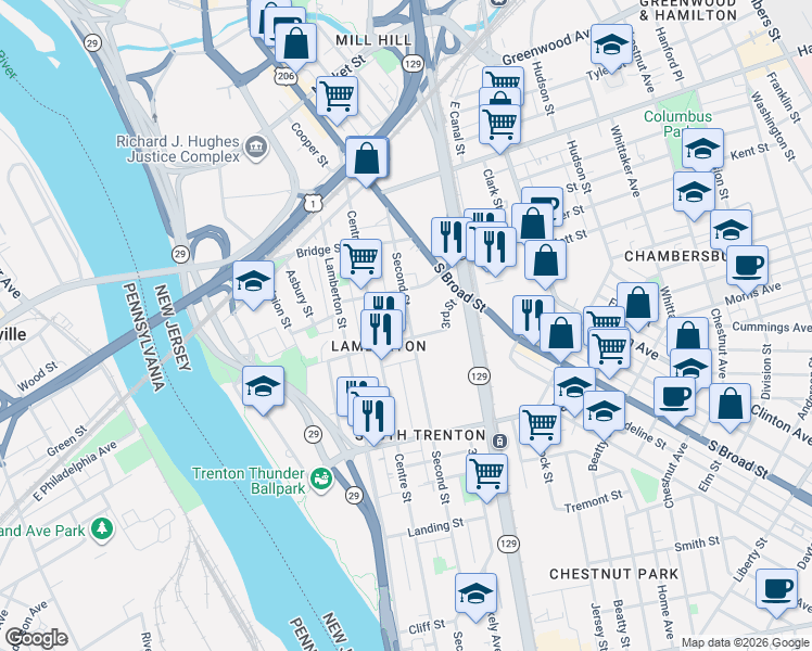 map of restaurants, bars, coffee shops, grocery stores, and more near 144 Turpin Street in Trenton