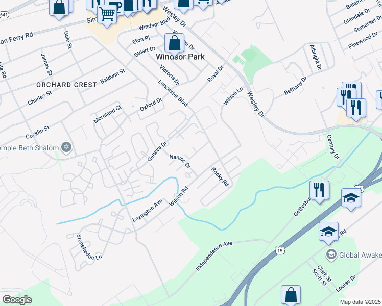 map of restaurants, bars, coffee shops, grocery stores, and more near 1074 Lancaster Boulevard in Mechanicsburg
