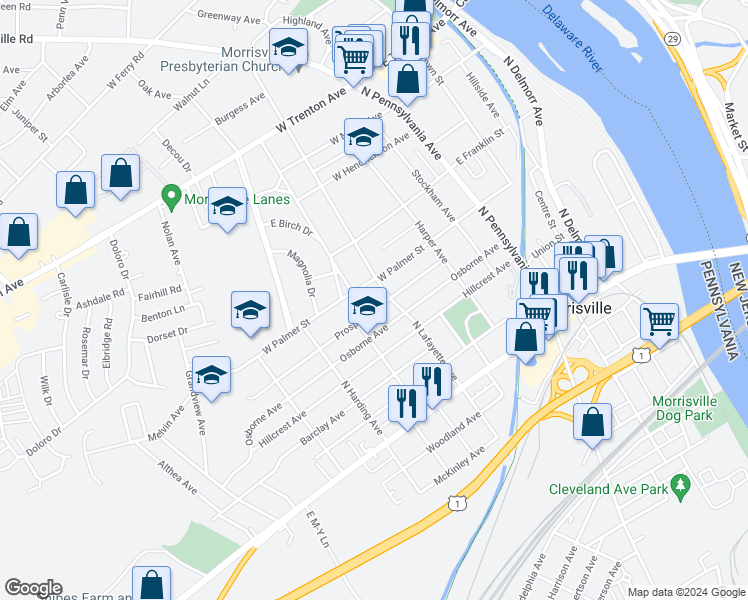 map of restaurants, bars, coffee shops, grocery stores, and more near 326 Prospect Avenue in Morrisville