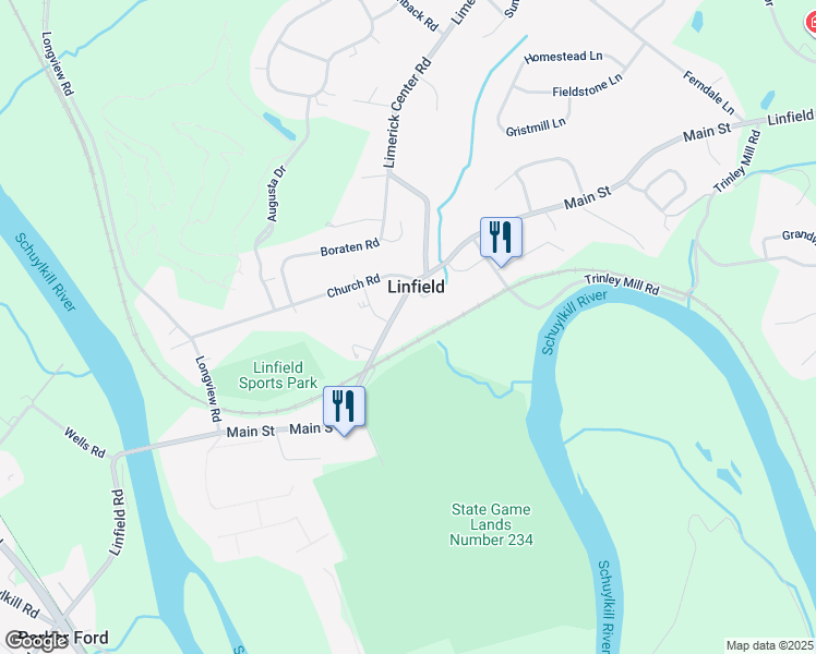 map of restaurants, bars, coffee shops, grocery stores, and more near 22-41 Main Street in Linfield