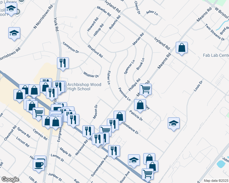 map of restaurants, bars, coffee shops, grocery stores, and more near 513 Fisher Lane in Warminster