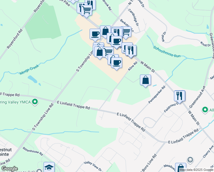 map of restaurants, bars, coffee shops, grocery stores, and more near 125 Wildflower Way in Royersford