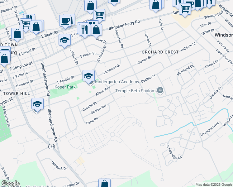 map of restaurants, bars, coffee shops, grocery stores, and more near 602 Cocklin Street in Mechanicsburg