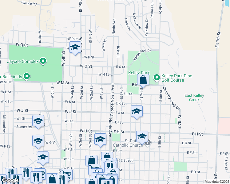 map of restaurants, bars, coffee shops, grocery stores, and more near 1200-1298 East 1st Street in McCook