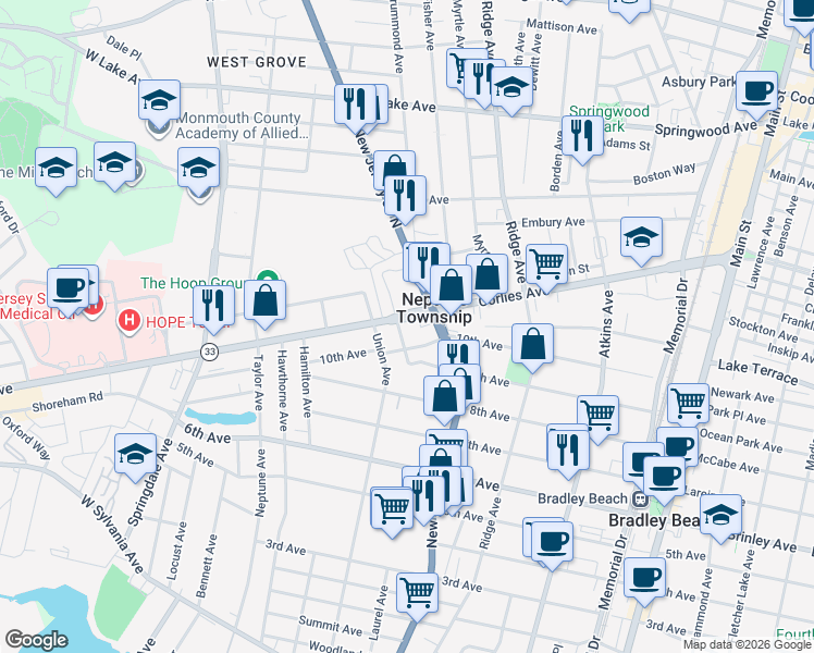 map of restaurants, bars, coffee shops, grocery stores, and more near 1410 New Jersey 33 in Neptune City