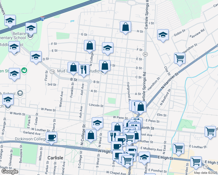 map of restaurants, bars, coffee shops, grocery stores, and more near 519 Carlisle Plaza Mall in Carlisle