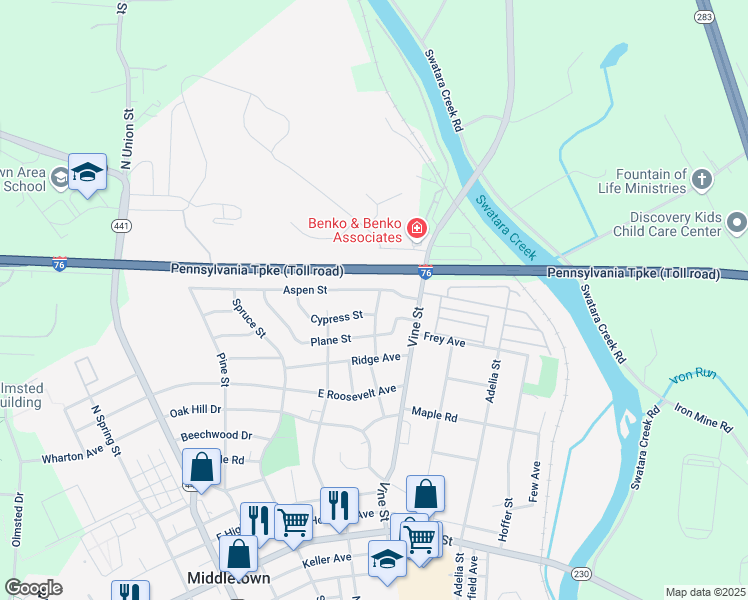 map of restaurants, bars, coffee shops, grocery stores, and more near 1127 Chestnut Street in Middletown