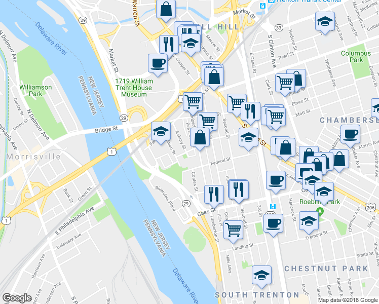 map of restaurants, bars, coffee shops, grocery stores, and more near 100 Asbury Street in Trenton