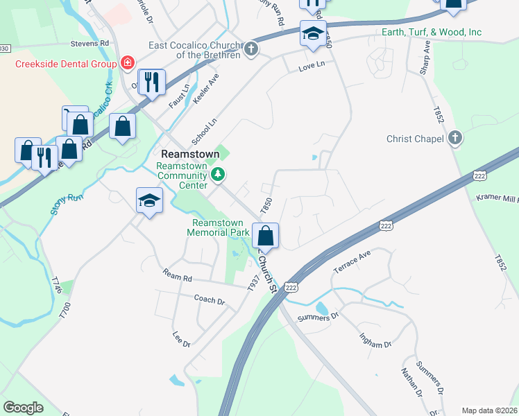 map of restaurants, bars, coffee shops, grocery stores, and more near 70 E Church St in Stevens