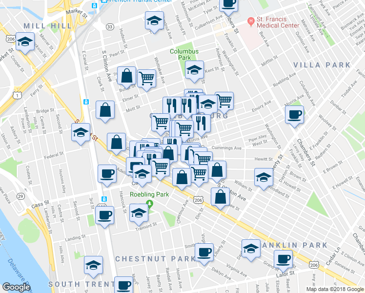 map of restaurants, bars, coffee shops, grocery stores, and more near 4 Beatty Street in Trenton