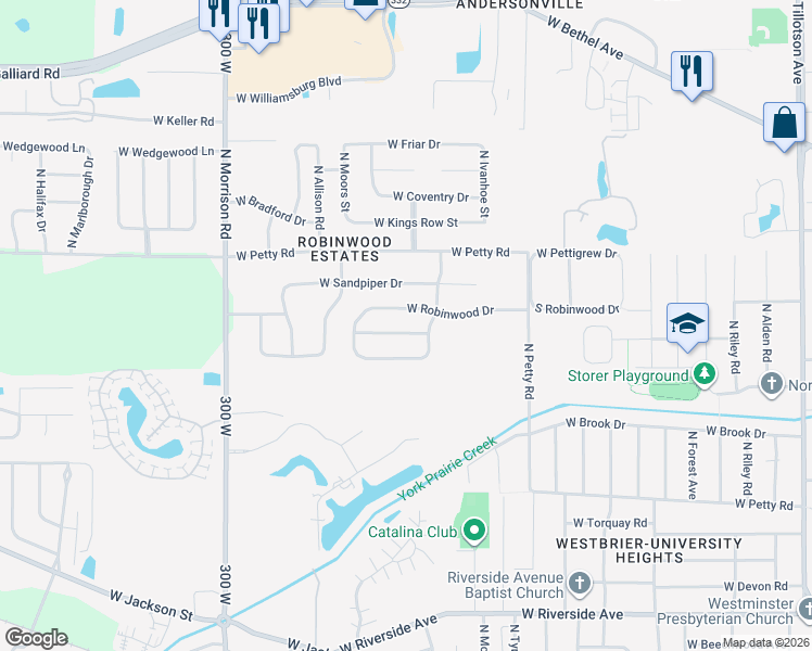 map of restaurants, bars, coffee shops, grocery stores, and more near 4300 West Hummingbird Way in Muncie