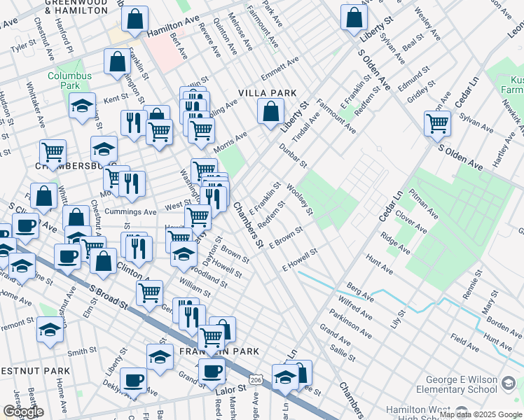 map of restaurants, bars, coffee shops, grocery stores, and more near 31 East Franklin Street in Hamilton Township