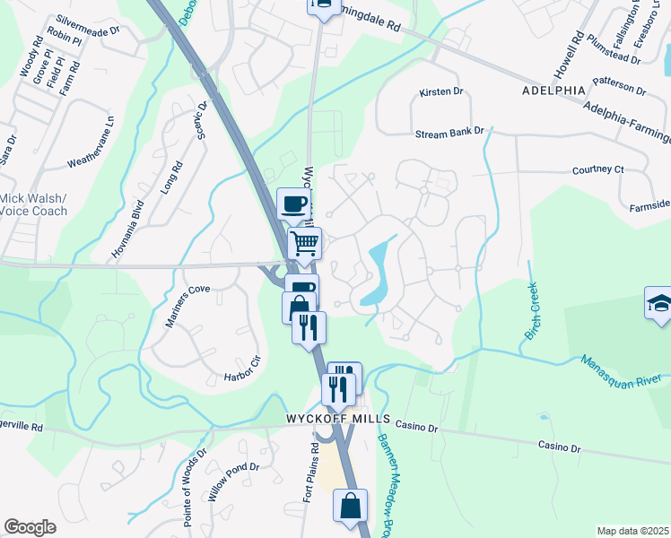 map of restaurants, bars, coffee shops, grocery stores, and more near Cours De Pasteur in Freehold