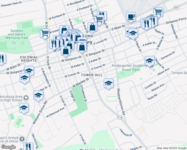 map of restaurants, bars, coffee shops, grocery stores, and more near 415 South Market Street in Mechanicsburg