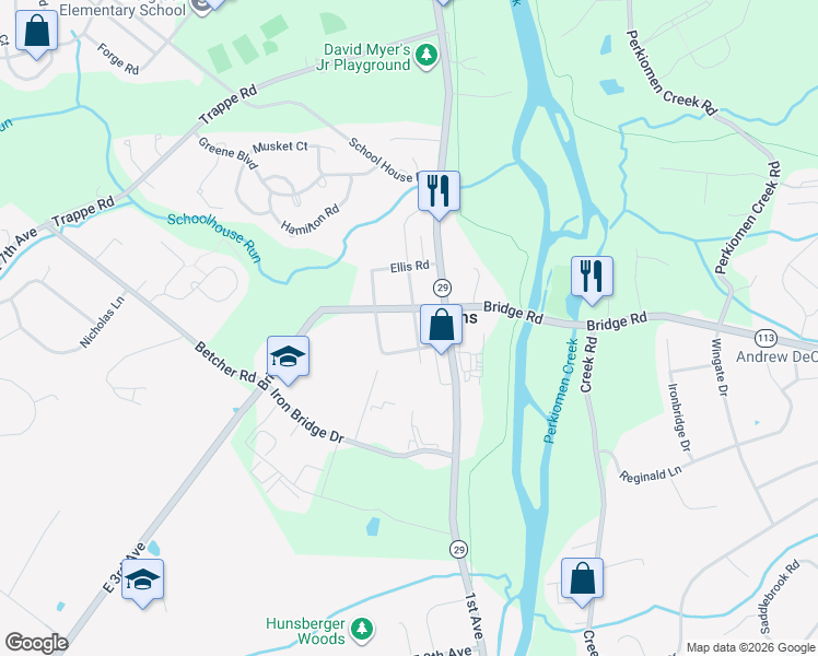 map of restaurants, bars, coffee shops, grocery stores, and more near 113 Centennial Street in Collegeville