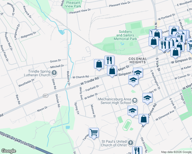 map of restaurants, bars, coffee shops, grocery stores, and more near 808 West Trindle Road in Mechanicsburg