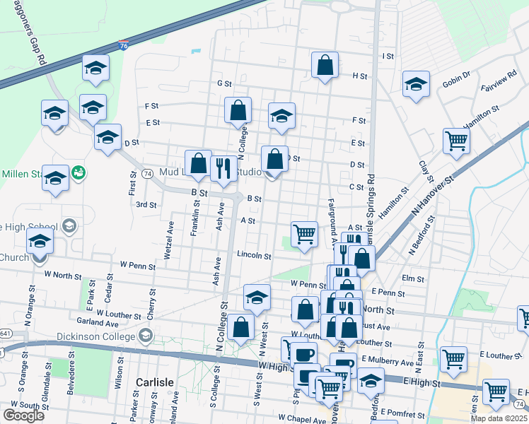 map of restaurants, bars, coffee shops, grocery stores, and more near 515 Factory Street in Carlisle
