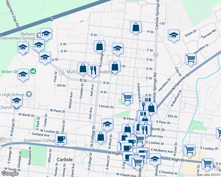 map of restaurants, bars, coffee shops, grocery stores, and more near 515 Factory Street in Carlisle