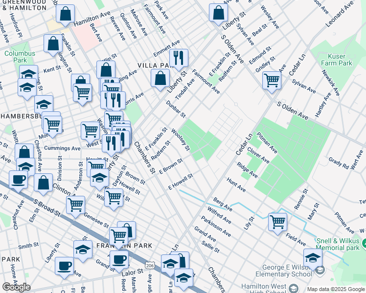 map of restaurants, bars, coffee shops, grocery stores, and more near 347 Woolsey Street in Hamilton Township