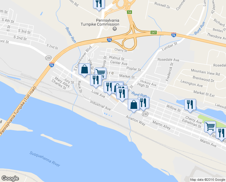 map of restaurants, bars, coffee shops, grocery stores, and more near 9 Paxton Street in Highspire