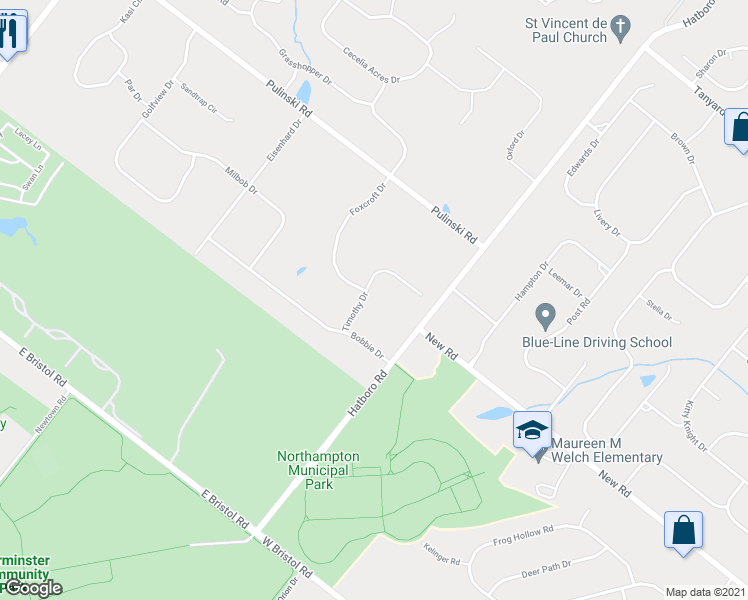 map of restaurants, bars, coffee shops, grocery stores, and more near 24 Timothy Drive in Warminster