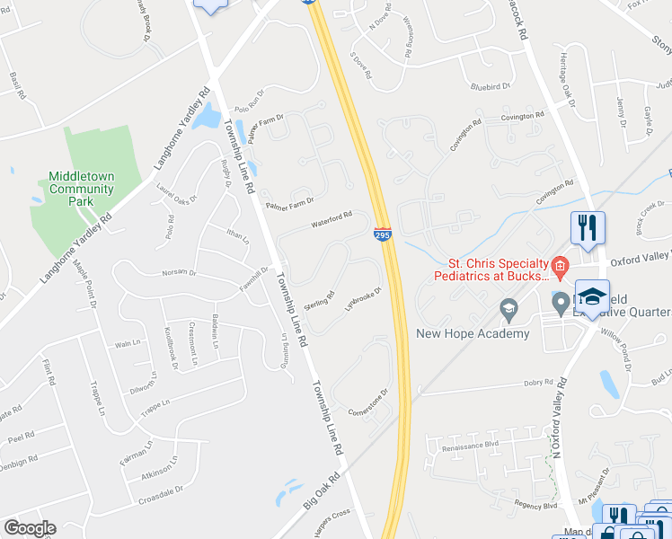 map of restaurants, bars, coffee shops, grocery stores, and more near 2303 Sterling Road in Yardley