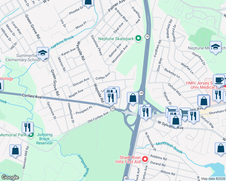 map of restaurants, bars, coffee shops, grocery stores, and more near 218 Laurel Place in Neptune Township