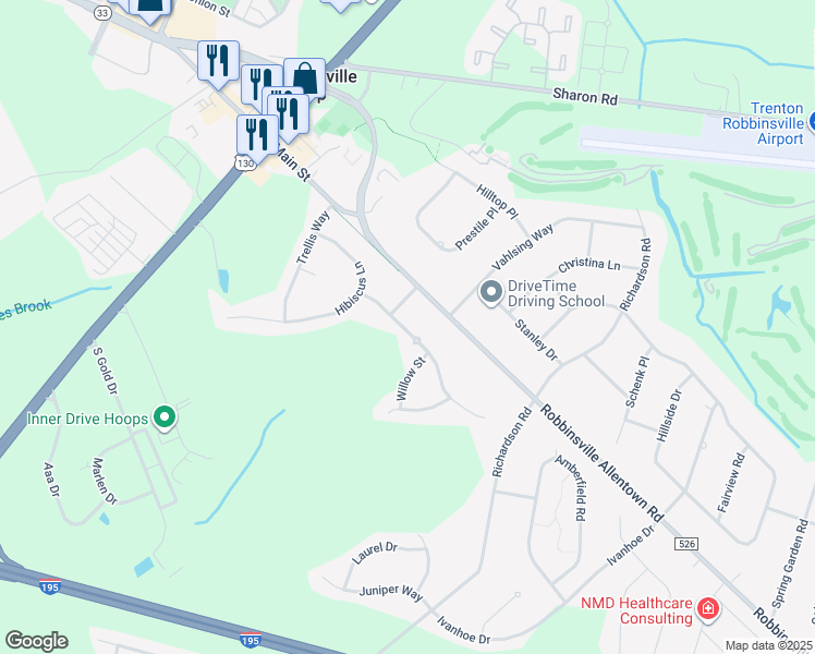 map of restaurants, bars, coffee shops, grocery stores, and more near 14 Honeysuckle Drive in Robbinsville Township