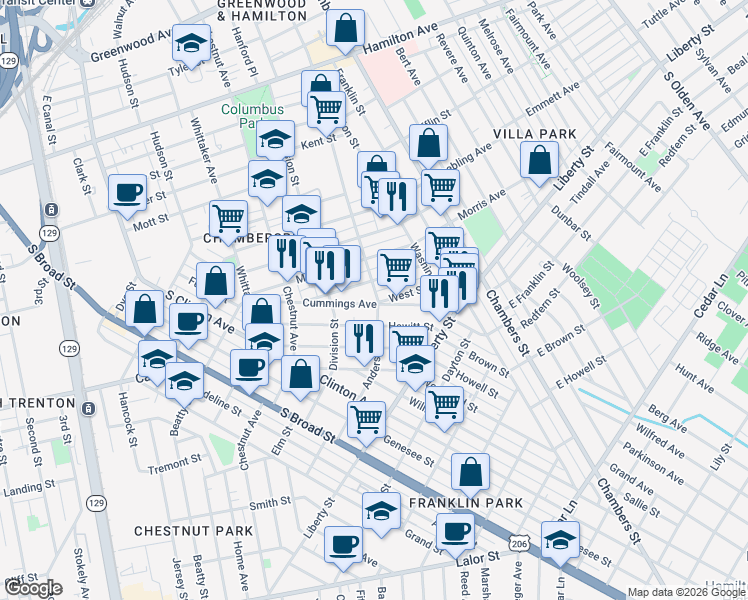 map of restaurants, bars, coffee shops, grocery stores, and more near 270 Cummings Avenue in Trenton