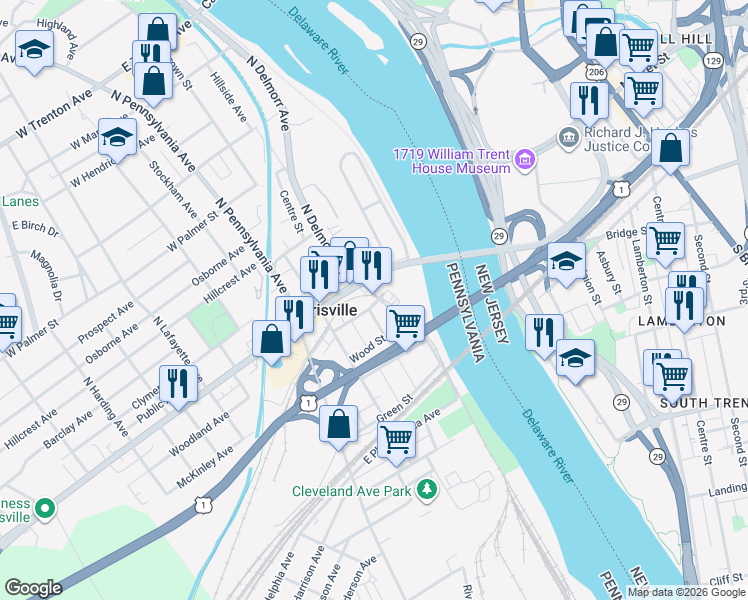 map of restaurants, bars, coffee shops, grocery stores, and more near 55 South Delmorr Avenue in Morrisville