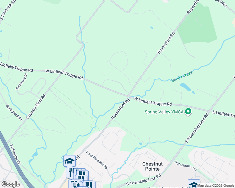 map of restaurants, bars, coffee shops, grocery stores, and more near 142 West Linfield-Trappe Road in Royersford