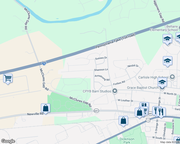 map of restaurants, bars, coffee shops, grocery stores, and more near 1104 Shannon Ln in Carlisle