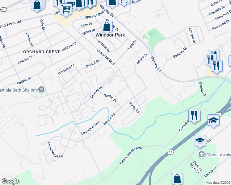 map of restaurants, bars, coffee shops, grocery stores, and more near 1074 Lancaster Boulevard in Mechanicsburg