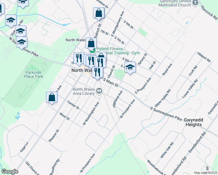 map of restaurants, bars, coffee shops, grocery stores, and more near 112 Washington Avenue in North Wales