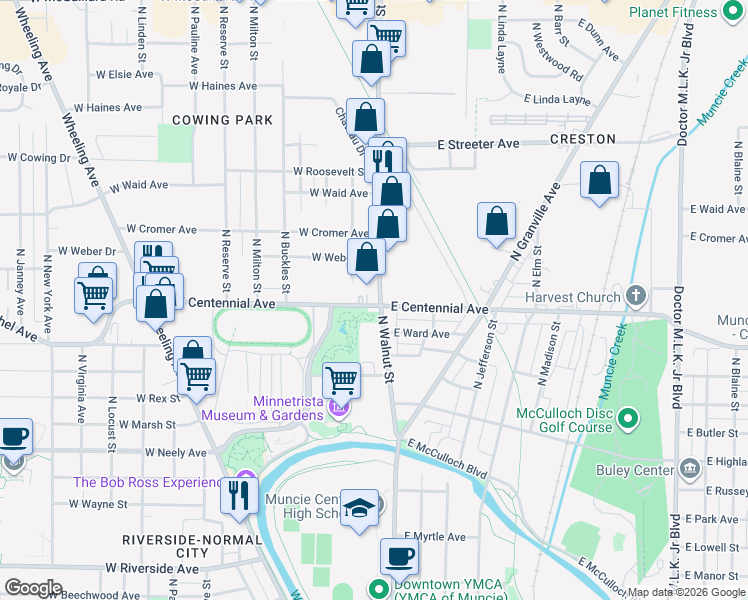 map of restaurants, bars, coffee shops, grocery stores, and more near 1705 North Walnut Street in Muncie