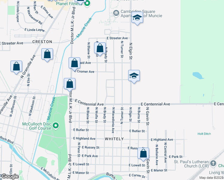 map of restaurants, bars, coffee shops, grocery stores, and more near 1717 North Macedonia Avenue in Muncie