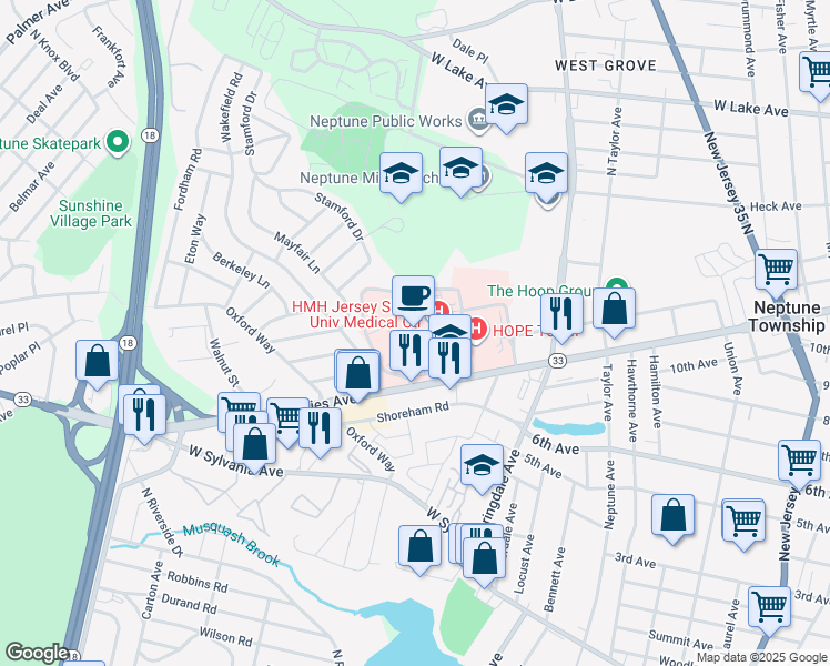 map of restaurants, bars, coffee shops, grocery stores, and more near 1945 Highway 33 in Neptune Township