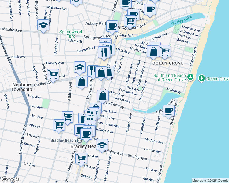 map of restaurants, bars, coffee shops, grocery stores, and more near 139 Stockton Avenue in Neptune Township