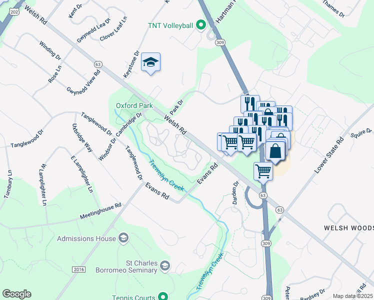map of restaurants, bars, coffee shops, grocery stores, and more near 18 Woodview Lane in North Wales