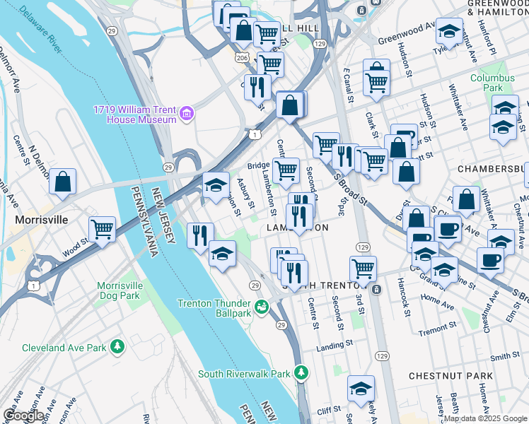 map of restaurants, bars, coffee shops, grocery stores, and more near 111 Steamboat Street in Trenton