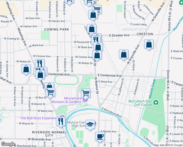 map of restaurants, bars, coffee shops, grocery stores, and more near 116 West Centennial Avenue in Muncie