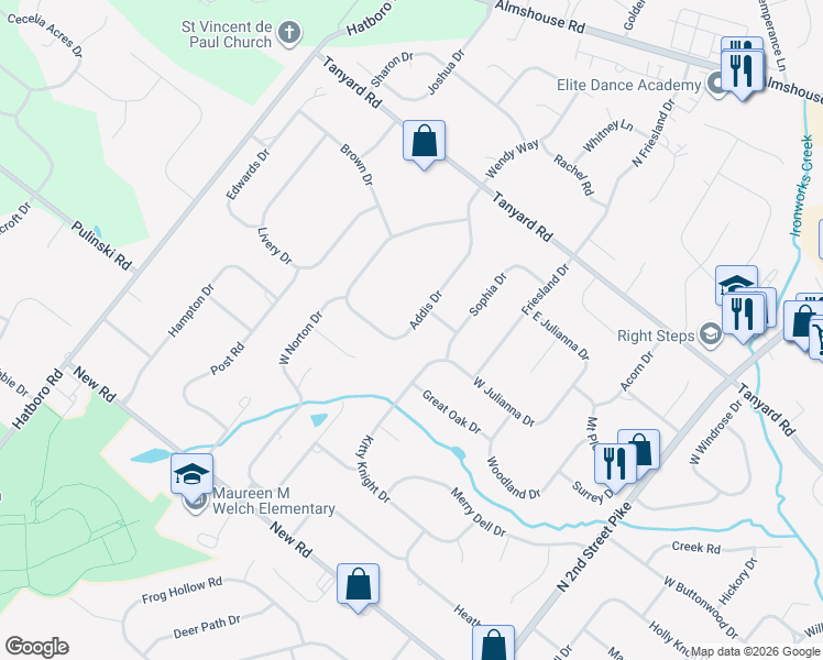 map of restaurants, bars, coffee shops, grocery stores, and more near 79 Addis Drive in Southampton