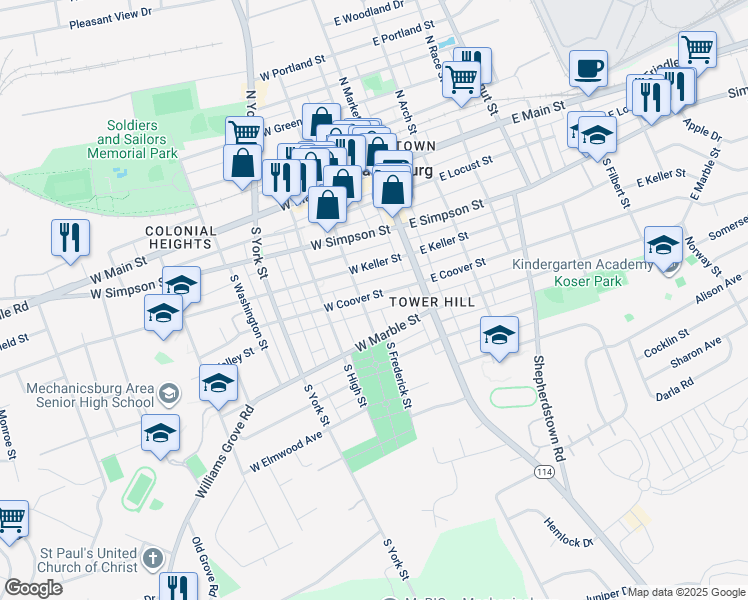map of restaurants, bars, coffee shops, grocery stores, and more near 37 West Coover Street in Mechanicsburg