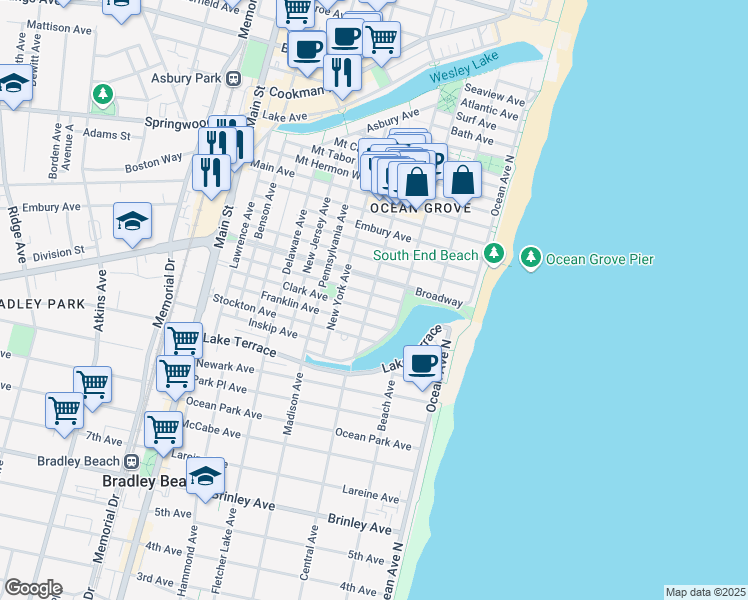 map of restaurants, bars, coffee shops, grocery stores, and more near 62 Cookman Avenue in Monmouth County