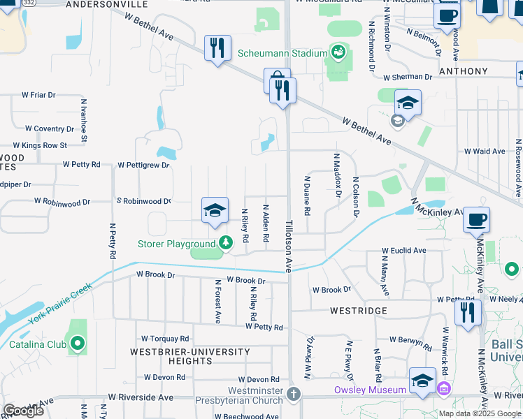 map of restaurants, bars, coffee shops, grocery stores, and more near 1805 North Alden Road in Muncie