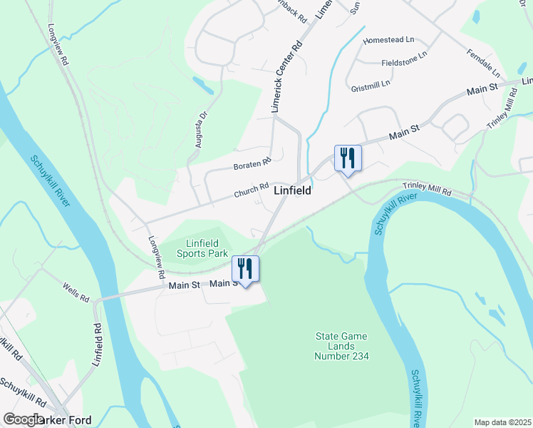 map of restaurants, bars, coffee shops, grocery stores, and more near 1186 Main Street in Linfield