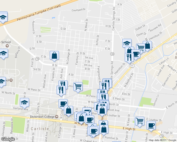 map of restaurants, bars, coffee shops, grocery stores, and more near 132 B Street in Carlisle